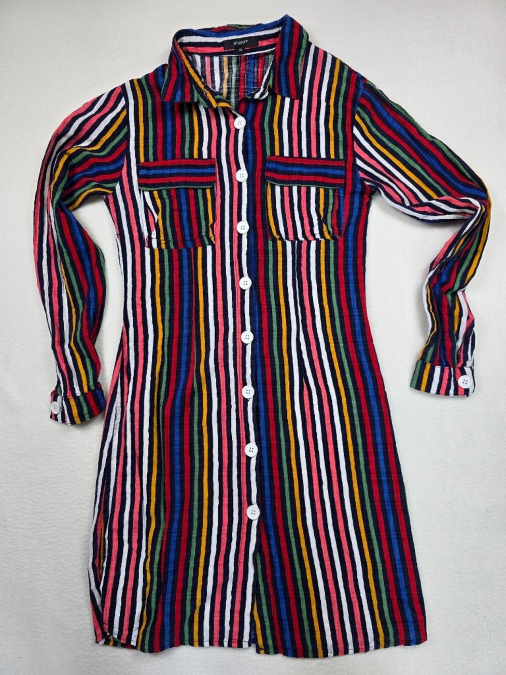 Studio F XS Multicolor Striped Button-Down Long-Sleeve Shirt Dress W/ Pockets